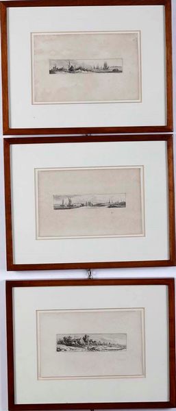 Weirotter Franz Edmund Paesaggi sulla Marna: I pescatori entrano nella baia / Un vecchio e un giovane tornano al villaggio / Quattro pescatori discutono all'istmo. 1766.  - Asta Stampe, Vedute e Carte Geografiche - Associazione Nazionale - Case d'Asta italiane