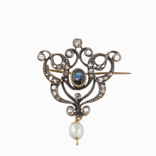 SPILLA A TRALCIO CON ZAFFIRO PERLA E DIAMANTI  - Asta GIOIELLI - Associazione Nazionale - Case d'Asta italiane