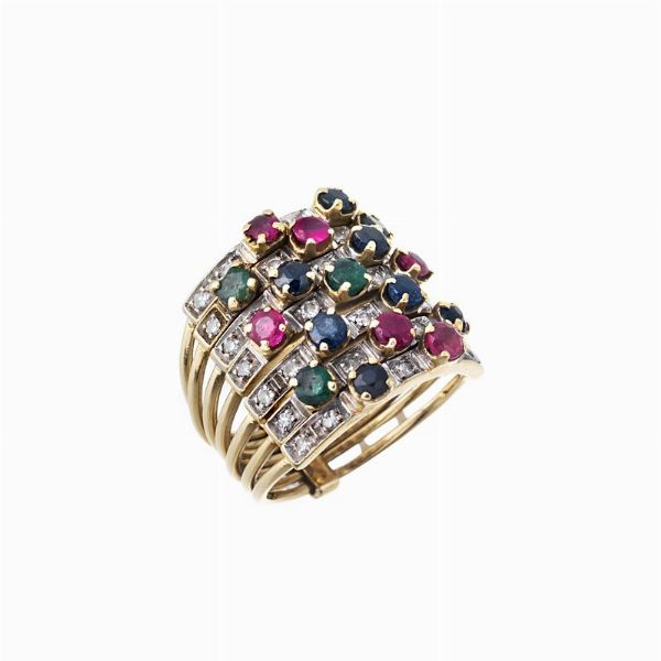 ANELLO A FASCIA CON PIETRE DI COLORE E DIAMANTI  - Asta GIOIELLI - Associazione Nazionale - Case d'Asta italiane