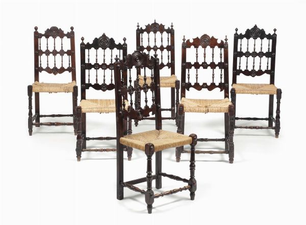 Sei sedie da balia in legno tornito, XIX secolo  - Asta Una Nobile Dimora Fiorentina - Associazione Nazionale - Case d'Asta italiane