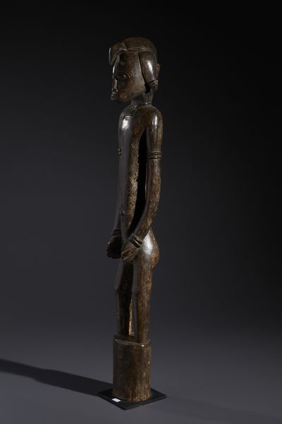 Senufo - Costa d'Avorio/Mali/Burkina Faso : Nello stile di Grande scultura antropomorfa su basamento  in legno duro a patina marrone  - Asta Asta 444 | AFRICA, OCEANIA E AMERICHE - ARTIGIANATO AFRICANO: VARI COMMITTENTI E SELEZIONE DALLA COLLEZIONE BARTOLOMUCCI Online - Associazione Nazionale - Case d'Asta italiane