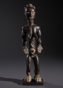 Kulango - Costa d'Avorio/Ghana - Nello stile di Scultura antropomorfa femminile  in legno duro a patina scura e caolino