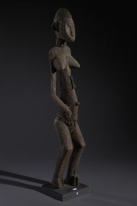 Senufo - Costa d'Avorio/Mali/Burkina Faso : Nello stile di Grande scultura antropomorfa in legno a patina nera crostosa e fibre  - Asta Asta 444 | AFRICA, OCEANIA E AMERICHE - ARTIGIANATO AFRICANO: VARI COMMITTENTI E SELEZIONE DALLA COLLEZIONE BARTOLOMUCCI Online - Associazione Nazionale - Case d'Asta italiane
