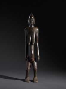 Bambara - Mali - Nello stile di Scultura antropomorfa femminile in legno a patina scura e perline