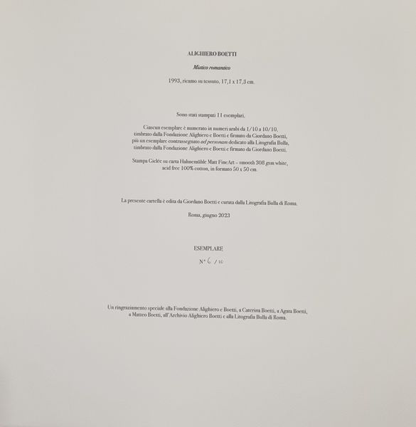 ALIGHIERO BOETTI : Mistico romantico  - Asta Asta di Arte Moderna e Contemporanea - Associazione Nazionale - Case d'Asta italiane