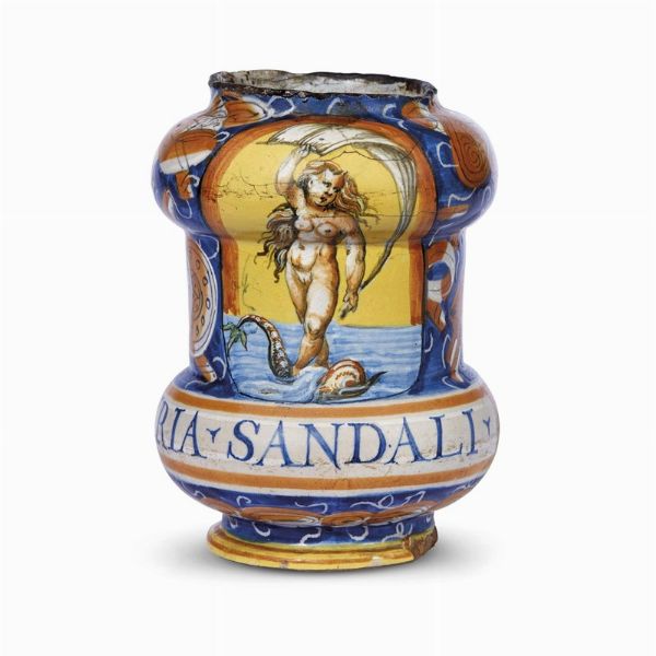 ALBARELLO, PESARO, BOTTEGA DI GIROLAMO E LANFRANCO DALLE GABICCE, 1580  - Asta UNA COLLEZIONE DI VASI DA FARMACIA IN MAIOLICA - Associazione Nazionale - Case d'Asta italiane