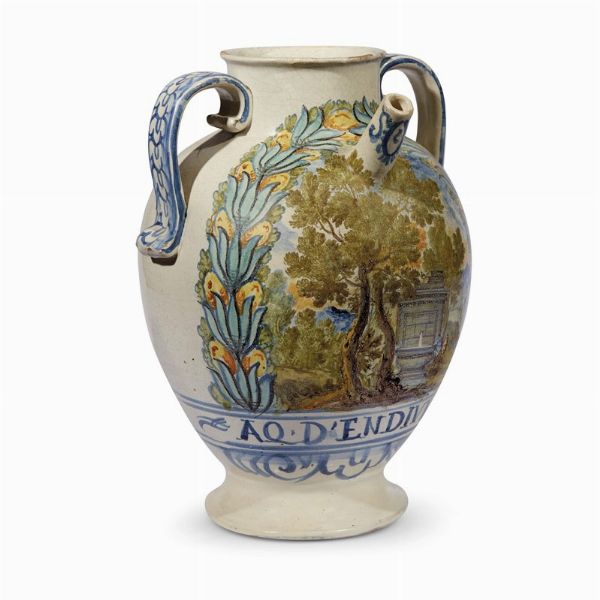 VERSATOIO BIANSATO, CASTELLI DABRUZZO, SECONDA MET� SECOLO XVIII  - Asta UNA COLLEZIONE DI VASI DA FARMACIA IN MAIOLICA - Associazione Nazionale - Case d'Asta italiane