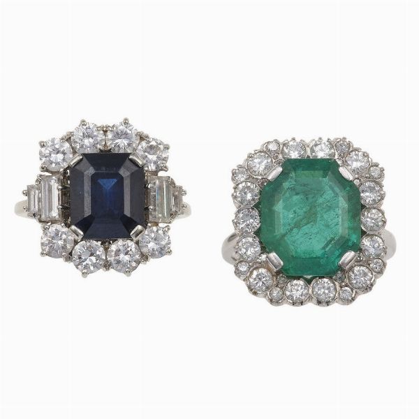 Anello con smeraldo ed anello con zaffiro con diamanti a contorno  - Asta Vintage Jewellery - Associazione Nazionale - Case d'Asta italiane