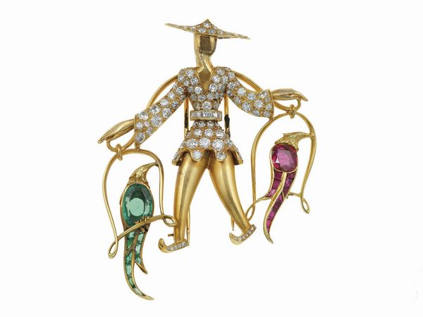 Koven Frres. Spilla figurina orientale con diamanti, smeraldi e rubini  - Asta Vintage Jewellery - Associazione Nazionale - Case d'Asta italiane