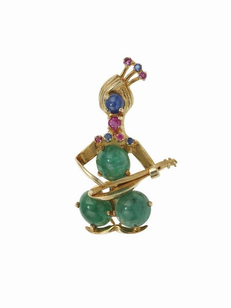 Spilla musicista con smeraldi, rubini e zaffiri  - Asta Vintage Jewellery - Associazione Nazionale - Case d'Asta italiane