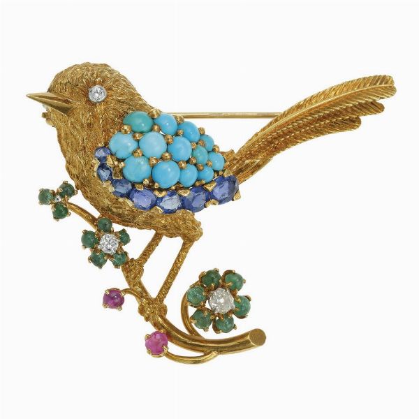 Spilla uccellino con turchesi, diamanti e gem-set  - Asta Vintage Jewellery - Associazione Nazionale - Case d'Asta italiane