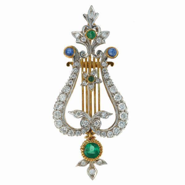Spilla con diamanti, smeraldi e zaffiri  - Asta Vintage Jewellery - Associazione Nazionale - Case d'Asta italiane