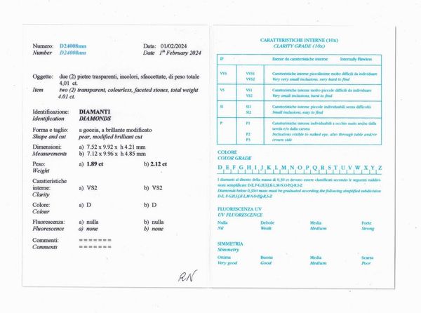Orecchini con diamanti taglio goccia di ct 1.89 e 2.12, colore D e due piccoli diamanti taglio tepper  - Asta Vintage Jewellery - Associazione Nazionale - Case d'Asta italiane