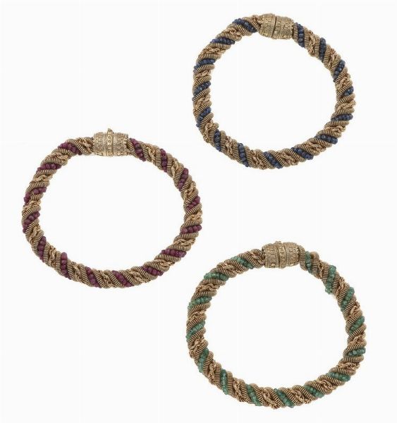 Tre bracciali con rubini, zaffiri e smeraldi  - Asta Vintage Jewellery - Associazione Nazionale - Case d'Asta italiane