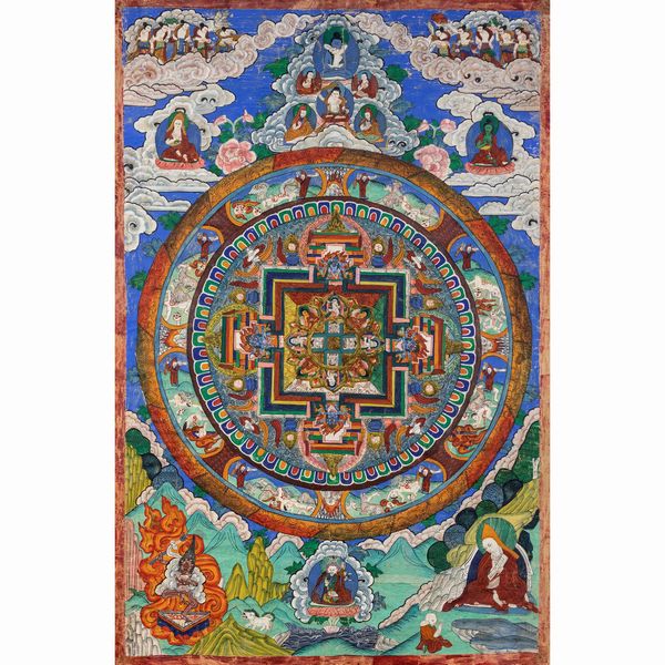 Thangka con mandala centrale su fondo azzurro  - Asta Arredi, Sculture, Dipinti Antichi e del XIX Secolo - Associazione Nazionale - Case d'Asta italiane