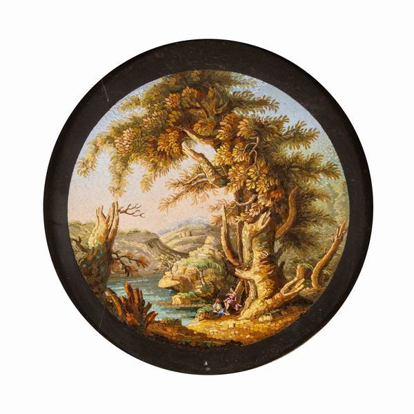 Placca circolare in micromosaico su nero del Belgio  - Asta Arredi, Sculture, Dipinti Antichi e del XIX Secolo - Associazione Nazionale - Case d'Asta italiane