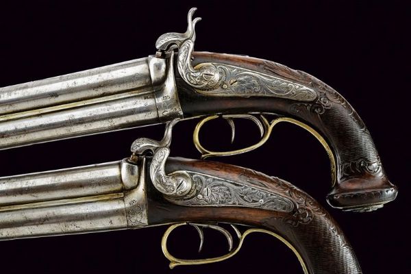 Paio di rare pistole a luminello a canne sovrapposte per il mercato orientale  - Asta Rare Armi Antiche e Armature da Tutto il Mondo - Associazione Nazionale - Case d'Asta italiane