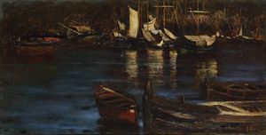 Isidoro Farina : Barche nel porto di Genova  - Asta Dipinti del XIX e XX secolo - Associazione Nazionale - Case d'Asta italiane