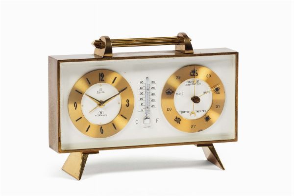 SWIZA : SWIZA, orologio da tavolo in ottone dorato con ,termometro e barometro. Realizzato nel 1960 circa  - Asta Orologi da Polso e da Tasca - Associazione Nazionale - Case d'Asta italiane