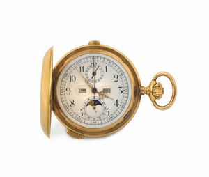 Anonimo - ANONIMO, orologio da tasca, in oro giallo 18K, cronografo, con fasi lunari, tripla data e ripetizione dei quarti. Realizzato circa nel 1900