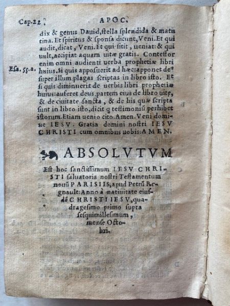 Pauli Apostoli Epistolae. Epistolae Catholicae. Apocalypsis beati Ioannis. Paris, Pierre Regnault, October 1541  - Asta Libri antichi, rarit bibliografiche e prime edizioni del '900 - Associazione Nazionale - Case d'Asta italiane