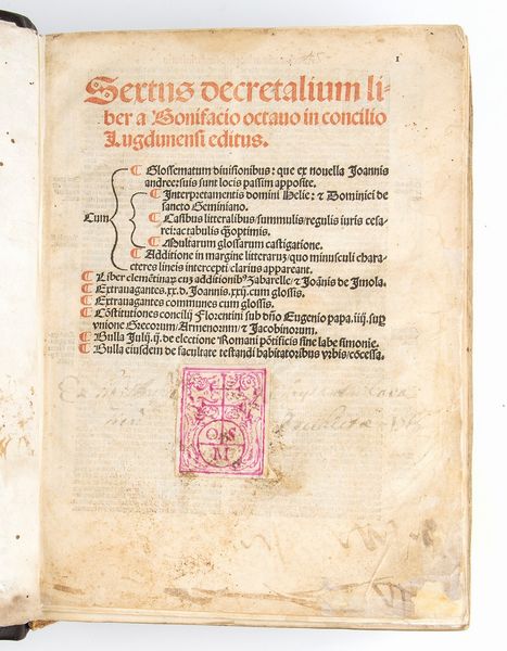 SEXTUS DECRETALIUM LIBER A BONIFACIO OCTAUO IN CONCILIO LUGDUNENSI EDITUS. Venezia 1525  - Asta Libri antichi, rarit bibliografiche e prime edizioni del '900 - Associazione Nazionale - Case d'Asta italiane