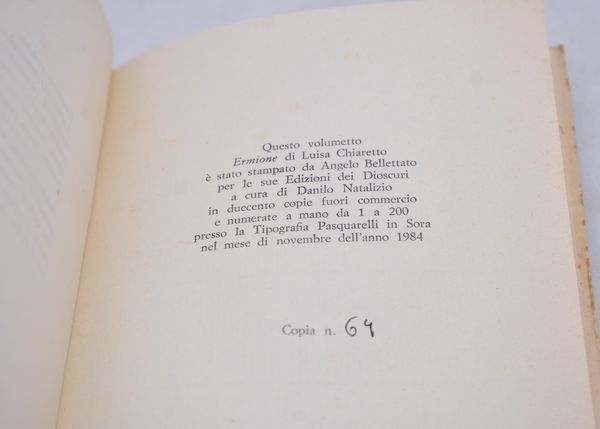 CHIARETTO, Luisa. ERMIONE. 1984  - Asta Libri antichi, rarit bibliografiche e prime edizioni del '900 - Associazione Nazionale - Case d'Asta italiane