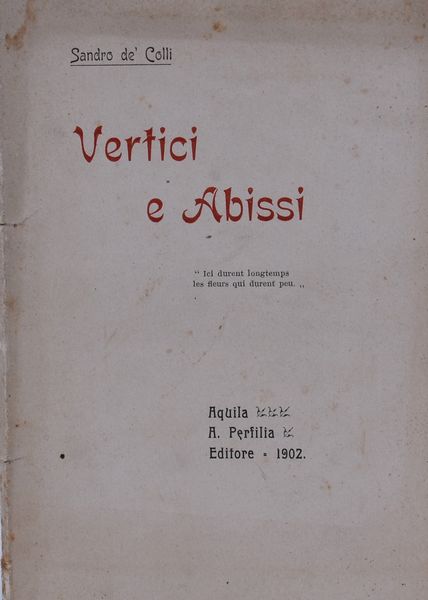 DE' COLLI, Sandro. VERTICI E ABISSI. 1902.  - Asta Libri antichi, rarit bibliografiche e prime edizioni del '900 - Associazione Nazionale - Case d'Asta italiane