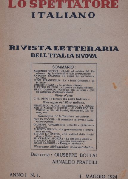 LO SPETTATORE ITALIANO - RIVISTA LETTERARIA DELL'ITALIA NUOVA. ANNO 1 N. 1. 1924.  - Asta Libri antichi, rarit� bibliografiche e prime edizioni del '900 - Associazione Nazionale - Case d'Asta italiane