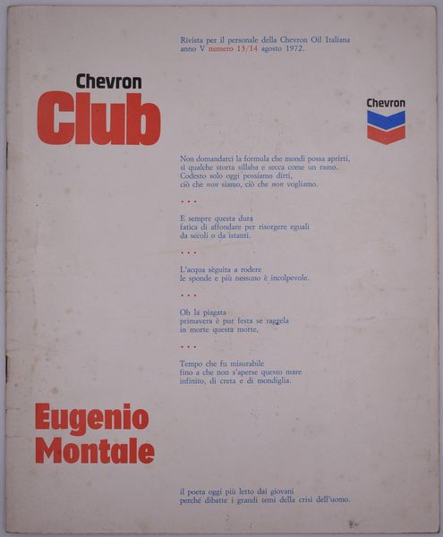 CHEVRON CLUB – EUGENIO MONTALE. AGOSTO 1972.  - Asta Libri antichi, rarit bibliografiche e prime edizioni del '900 - Associazione Nazionale - Case d'Asta italiane