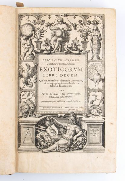 CLUSIUS CAROLUS. Exoticorum libri decem, quibus animalium, plantarum, aromatum, aliorumque peregrinorum fructuum historiae describuntur. Item Petri Bellonii Observationes, eodem Carolo Clusio interprete. 1605  - Asta Libri antichi, rarit bibliografiche e prime edizioni del '900 - Associazione Nazionale - Case d'Asta italiane