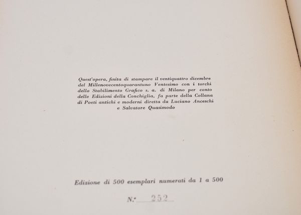 QUASIMODO, Salvatore/ ANCESCHI, Luciano. LIRICI MINORI DEL XIII E XIV SECOLO. 1941.  - Asta Libri antichi, rarit bibliografiche e prime edizioni del '900 - Associazione Nazionale - Case d'Asta italiane