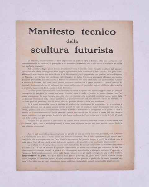 MANIFESTO TECNICO DELLA SCULTURA FUTURISTA. 1912  - Asta Libri antichi, rarit bibliografiche e prime edizioni del '900 - Associazione Nazionale - Case d'Asta italiane