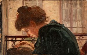 Scuola lombarda, secolo XIX - Donna che cuce