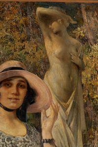 Bruto Mazzolani : Donna al parco, dopo la pioggia  - Asta Petits-Ma�tres / Arte Figurativa tra XIX e XX Secolo - Parte 1 - Associazione Nazionale - Case d'Asta italiane