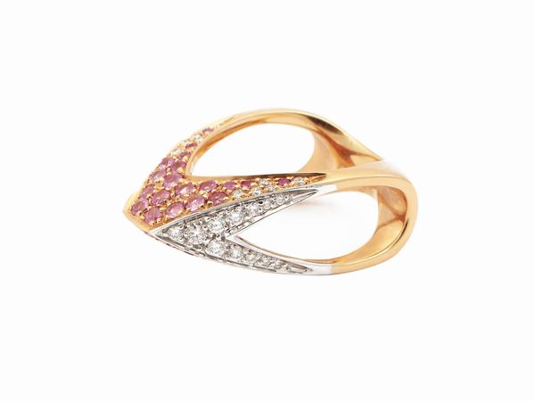 Scavia Io S�, anello in oro rosa con diamanti e zaffiri rosa  - Asta Gioielli e Orologi - Associazione Nazionale - Case d'Asta italiane