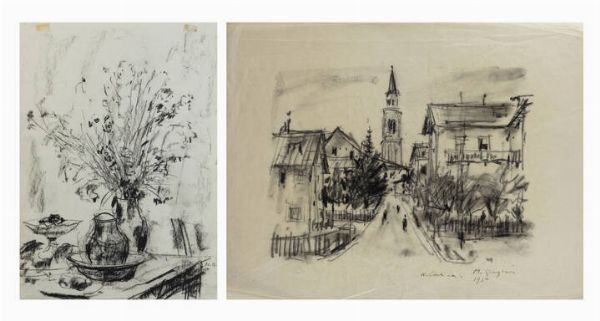 MASSIMO QUAGLINO Refrancore (AT) 1899 - 1982 Torino : Lotto di due disegni: A-W. Cortina 1950 B-Vaso di fiori  - Asta Collezione Vallora - Dipinti - Associazione Nazionale - Case d'Asta italiane