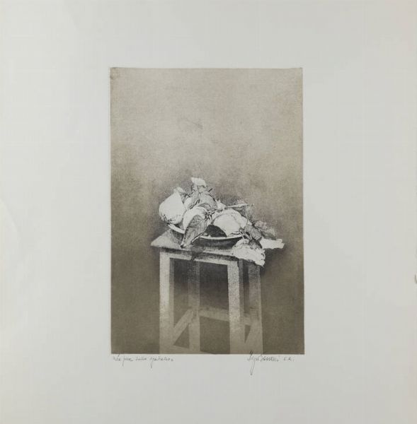 SERGIO SARONI Torino 1934 - 1991 : Le pere sullo sgabello  - Asta Collezione Vallora - Dipinti - Associazione Nazionale - Case d'Asta italiane