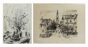 MASSIMO QUAGLINO Refrancore (AT) 1899 - 1982 Torino - Lotto di due disegni: A-W. Cortina 1950 B-Vaso di fiori