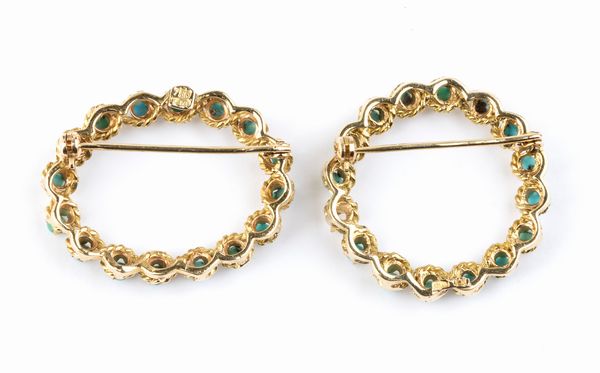 Coppia di spille in oro con turchesi - Anni '50  - Asta Gioielli e Argenti Moderni e Contemporanei - Associazione Nazionale - Case d'Asta italiane