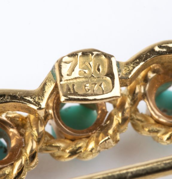 Coppia di spille in oro con turchesi - Anni '50  - Asta Gioielli e Argenti Moderni e Contemporanei - Associazione Nazionale - Case d'Asta italiane