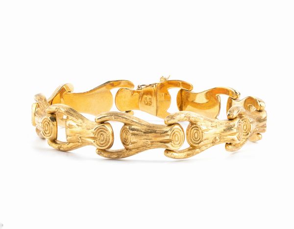 Bracciale in oro con maglie a forma di tronchetti  - Asta Gioielli e Argenti Moderni e Contemporanei - Associazione Nazionale - Case d'Asta italiane