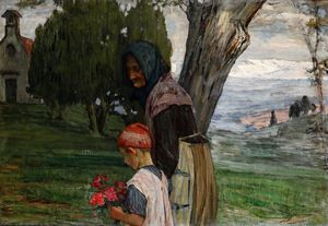 Giuseppe Danieli - Paesaggio con contadina e bimba