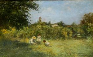 Emilio Borsa : Paesaggio con bambini  - Asta Dipinti del XIX e XX secolo - Associazione Nazionale - Case d'Asta italiane