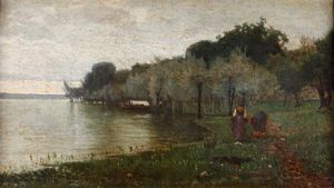 ERNESTO RAYPER - Veduta lacustre con figure