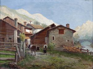 Leonardo Roda : Borgo montano  - Asta Dipinti del XIX e XX secolo - Associazione Nazionale - Case d'Asta italiane