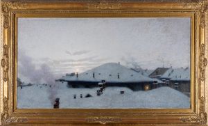 Angelo Morbelli : Tetti sotto la neve, 1912  - Asta Dipinti del XIX e XX secolo - Associazione Nazionale - Case d'Asta italiane
