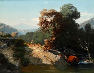 ERCOLE CALVI : Paesaggio, 1869  - Asta Dipinti del XIX e XX secolo - Associazione Nazionale - Case d'Asta italiane