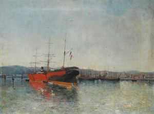 Agostino Fossati, Attribuito a : Porto con navi  - Asta Dipinti del XIX e XX secolo - Associazione Nazionale - Case d'Asta italiane