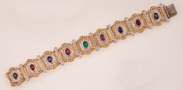 Bracciale con rubini, zaffiri, smeraldo e diamanti  - Asta Fine Jewels - Associazione Nazionale - Case d'Asta italiane